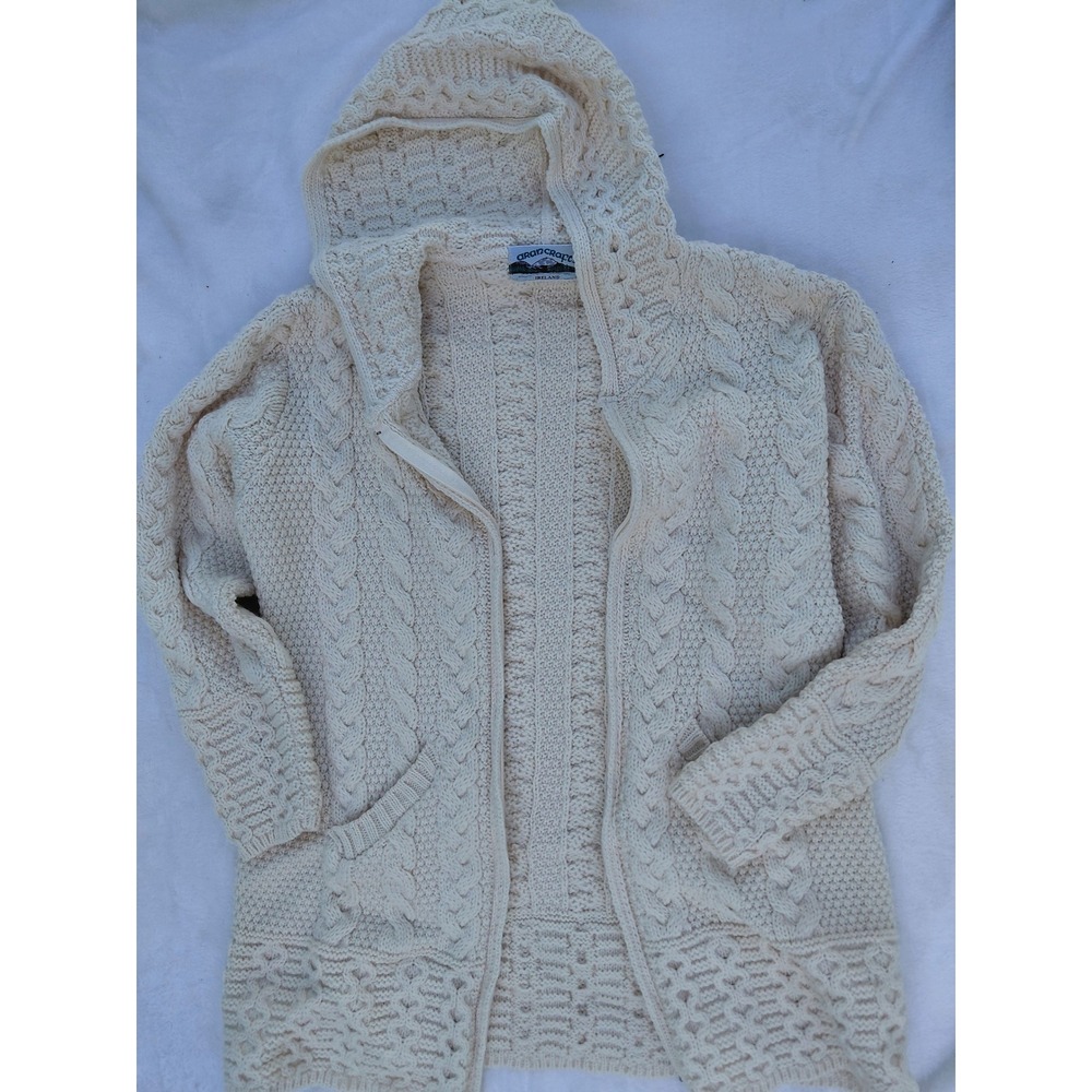 Aran Crafts Ireland Merino Wool Hooded Zip Cardigan Sweater Cream Cable Knit L